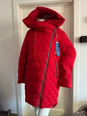 Red Asymmetric Quilted Puffer Coat Jacket fall winter
